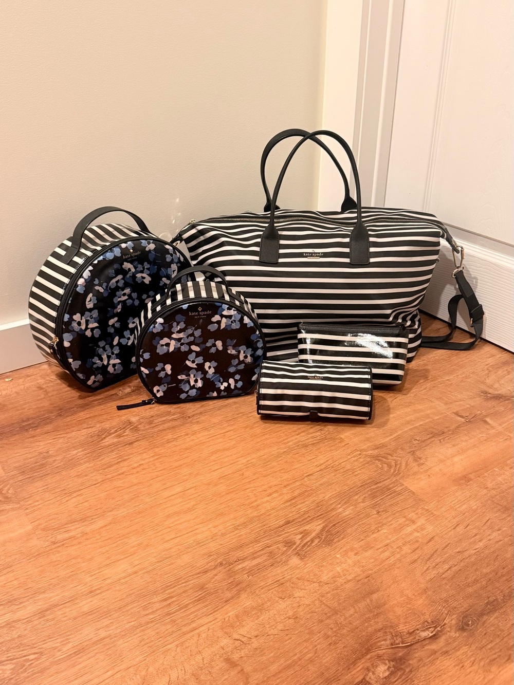 kate spade Black & White Striped Travel Bag Set with Floral Cosmetic Cases
